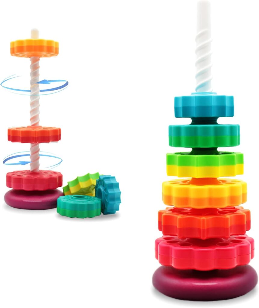 Colorful, weighted silicone stacking toys that roll and wobble — enhances hand-eye coordination and balance.